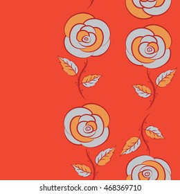 Seamless pattern of vertical stylized floral motif, hole, spots, rose flowers, doodles. Hand drawn. Seamless floral background.