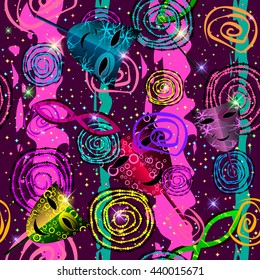 Seamless pattern of vertical, turquoise and pink stripes, carnival masks and swirls on a violet background. Vector.