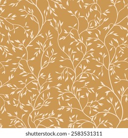 Seamless pattern with vertical twigs and tiny leaves. Background with silhouettes of light leaves on a gold