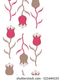 Seamless pattern with vertical vector pink and beige tulip flowers on a white background.