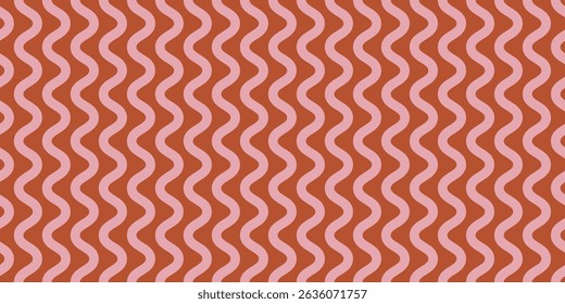 Seamless pattern with vertical wavy lines, stripes. Simple vector geometric texture with waves, curves, squiggly shapes. Abstract red and pink funky background. Stylish modern retro repeated design