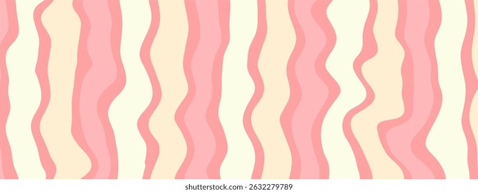 A seamless pattern of vertical, wavy, organic stripes in varying shades of pink and cream. The stripes alternate in color and width, creating a gentle, flowing rhythm across the image.