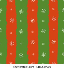 Seamless pattern vertical of white snowflakes used for Christmas and New Year prints and gift paper box wrap design. Vector illustration colorful isolated on red and green striped background 