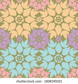 Seamless pattern of very elegant colorful floral motif on green background for wallpaper, packaging and textile. Contemporary repeat flat vector ethnic fabric for bedsheet.