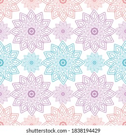 Nahtloses Muster eines sehr eleganten, bunten Blumenmotivs auf weißem Hintergrund für Tapeten, Verpackungen und Textilien. Moderne pastellfarbene Wiederholung flacher Vektor ethnische Gewebe für Bettwäsche.