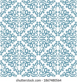 Patrón sin foco de un motivo complejo folk de color azul muy elegante sobre fondo blanco. Vector plano tribal abstracto de tela interminable geométrica e interminable moderno para papel pintado, textiles y baldosas. 