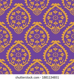 Seamless pattern of very graceful golden color damask motif on deep blue background. Modern tribal abstract geometric endless fabric flat vector for wallpaper, textile and packaging. 