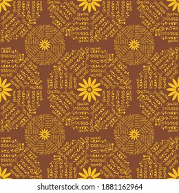 Patrón sin foco de un color amarillo muy elegante de motivos florales sobre fondo oscuro. Moderno complejo geométrico tribal abstracto, mandala interminable tejido vectorial para papel pintado, textil y baldosas. 
