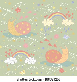 Seamless pattern with a very sweet snail. EPS 10. No transparency. No gradients.