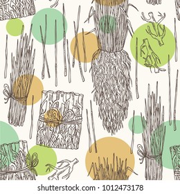Seamless pattern with vetiver: root and plant of vetiver. Perfumery and cosmetics plant. Vector hand drawn illustration.