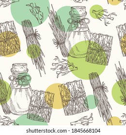Patrón sin foco con raíz vetiver y planta de vetiver y botella de aceite esencial vetiver. Cosmética, perfumería y planta médica. Ilustración dibujada a mano por vectores.
