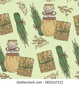 Seamless pattern with vetiver root and plant of vetiver and bottle of vetiver essential oil. Cosmetic, perfumery and medical plant. Vector hand drawn illustration.