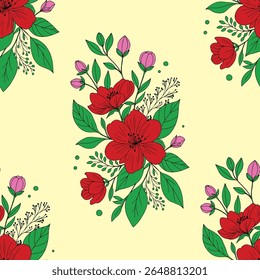 Padrão contínuo com buquês vibrante de flores vermelhas, botões cor-de-rosa e folhas verdes em um fundo amarelo claro. Uma ilustração botânica alegre, moderna e colorida para projetos brilhantes e felizes.