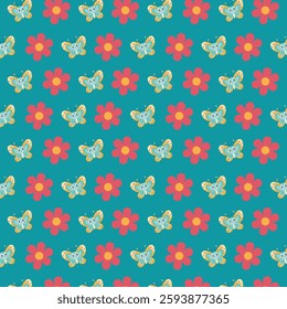 Seamless Pattern of Vibrant Butterflies and Flowers on Teal