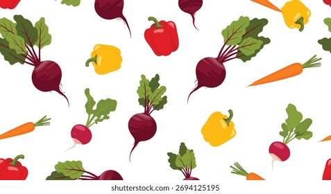 Seamless pattern with vibrant cartoon-style root vegetables and colorful bell peppers scattered over a clean white background.