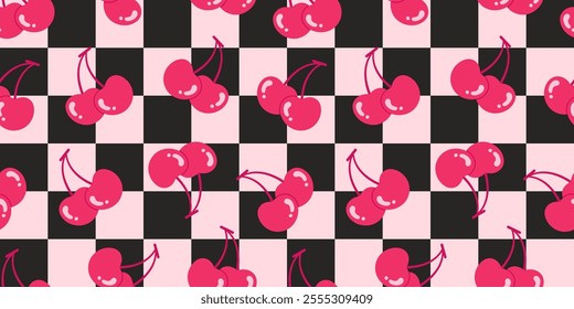 Seamless pattern with vibrant cherries on a pink and black checkered background. Perfect for romantic y2k 2000s modern designs. Valentine's day. 14 february. geometric background. Gift wallpaperSeaml