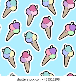 Seamless pattern with vibrant color cartoon ice cream cone patches on blue background. Cute trendy wallpaper.