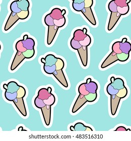 Seamless pattern with vibrant color cartoon ice cream cone patches on green background. Cute trendy wallpaper.