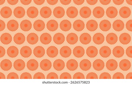 Seamless pattern of vibrant coral sunburst motifs on a soft peach background.  Perfect for textile design, website backgrounds, or any project needing a retromodern, energetic feel.