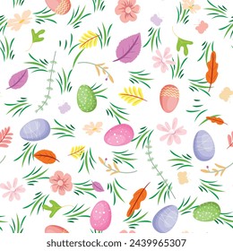 Seamless pattern with vibrant eggs, adorned with blooming flowers and lush leaves, dance across white background. For textile, paper, wallpaper, wrapping paper, gift paper, any surface