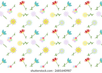 Un patrón sin fisuras de flores vibrantes en varios colores sobre un fondo blanco.