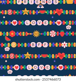 Seamless pattern of vibrant friendship bracelets featuring hearts, stars, and cheerful emojis, symbolizing love and connection between best friends