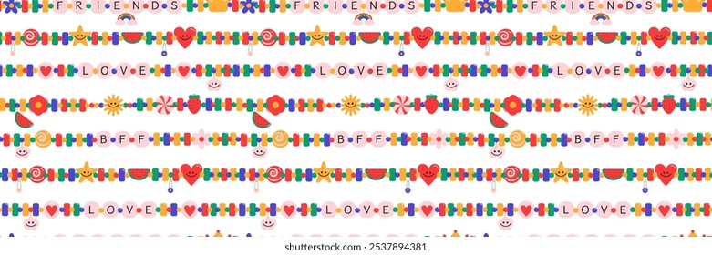 Seamless pattern of vibrant friendship bracelets featuring hearts, stars, and cheerful emojis, symbolizing love and connection between best friends