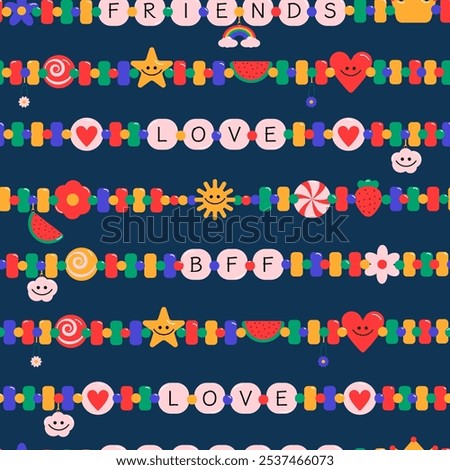 Seamless pattern of vibrant friendship bracelets featuring hearts, stars, and cheerful emojis, symbolizing love and connection between best friends