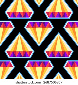 Nahtloses Muster aus lebendigen geometrischen Diamanten mit bunten Facetten auf transparentem Hintergrund Edelstein Juwel Kristall facettiert