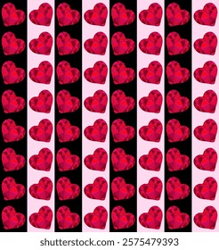 Seamless pattern of vibrant geometric low-poly red hearts creating a captivating visual rhythm. Bold contrast between red, black, and pink creates a striking visual impact. For textile, stationery 