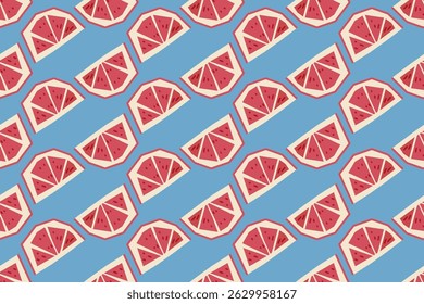 A seamless pattern of vibrant grapefruit slices is arranged over a light blue background. The repeated citrus motifs in a simplified flat style give a fresh, summery feel perfect for textiles.