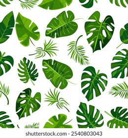 seamless pattern of vibrant green leaves on a white background. Various leaf shapes and sizes create a fresh, natural, and tropical appearance, perfect for eco-friendly or botanical projects