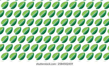 Seamless pattern of vibrant green leaves on a white background, perfect for nature, eco-friendly, and sustainable design themes