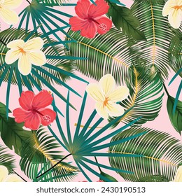 Seamless pattern with vibrant hibiscus, delicate plumeria and lush tropical leaves on a soothing pastel pink canvas. For textile, paper, wallpaper, cards, prints. 