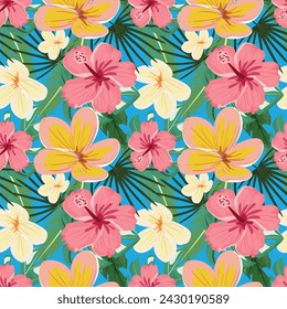 Seamless pattern with vibrant hibiscus, delicate plumeria and lush tropical leaves on blue background. For textile, paper, wallpaper, cards, prints. 