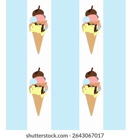 Seamless pattern of vibrant ice cream cones with scoops of different colors on pastel stripes.