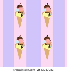 Seamless pattern of vibrant ice cream cones with scoops of different colors on pastel stripes.