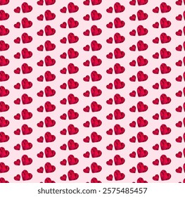 Seamless pattern of vibrant low-poly red hearts set against a soft light pink background. Evokes feelings of love, making it perfect for Valentine's Day themes. Promotes a sweet and charming aesthetic