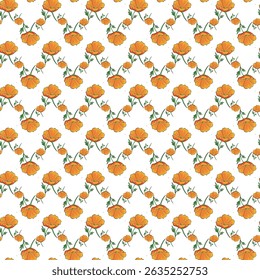 Patrón sin fisuras de flores naranjas vibrantes con Subgrupos verdes sobre fondo blanco
