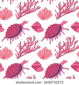 Padrão sem emenda de conchas marinhas rosa vibrantes, corais e ilustração com tema marinho. Padrão lindamente ilustrado com conchas cor-de-rosa, ramos de corais e elementos marinhos. Ideal para têxteis