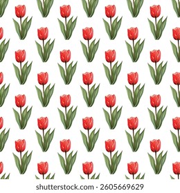 Seamless pattern of vibrant pink tulips and green leaves on a white background. Ideal for spring-inspired designs, elegant wallpapers, textiles, and gift wrapping. Fresh and chic!