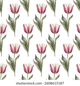 Seamless pattern of vibrant pink tulips and green leaves on a white background. Ideal for spring-inspired designs, elegant wallpapers, textiles, and gift wrapping. Fresh and chic!