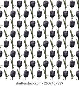 Seamless pattern of vibrant pink tulips and green leaves on a white background. Ideal for spring-inspired designs, elegant wallpapers, textiles, and gift wrapping. Fresh and chic!