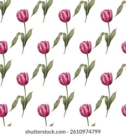 Seamless pattern of vibrant pink tulips and green leaves on a white background. Ideal for spring-inspired designs, elegant wallpapers, textiles, and gift wrapping. Fresh and chic!