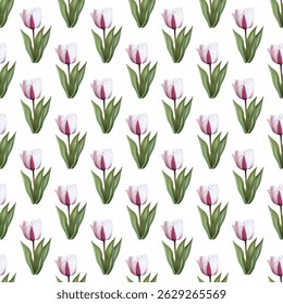 Padrão contínuo de tulipas rosa vibrante e folhas verdes em um fundo branco. Ideal para designs inspirados em molas, papéis de parede elegantes, tecidos e embrulho para presentes. Fresco e chique!