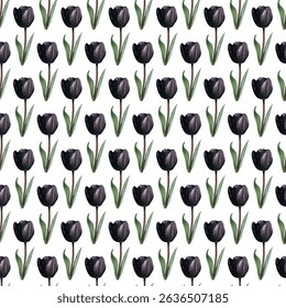 Padrão contínuo de tulipas rosa vibrante e folhas verdes em um fundo branco. Ideal para designs inspirados em molas, papéis de parede elegantes, tecidos e embrulho para presentes. Fresco e chique!