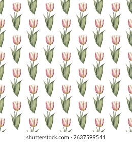 Seamless pattern of vibrant pink tulips and green leaves on a white background. Ideal for spring-inspired designs, elegant wallpapers, textiles, and gift wrapping. Fresh and chic!