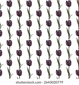 Padrão contínuo de tulipas rosa vibrante e folhas verdes em um fundo branco. Ideal para designs inspirados em molas, papéis de parede elegantes, tecidos e embrulho para presentes. Fresco e chique!