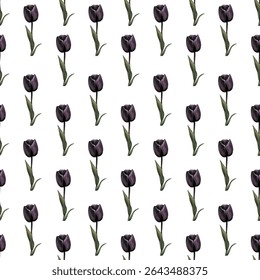 Padrão contínuo de tulipas rosa vibrante e folhas verdes em um fundo branco. Ideal para designs inspirados em molas, papéis de parede elegantes, tecidos e embrulho para presentes. Fresco e chique!