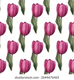 Padrão contínuo de tulipas rosa vibrante e folhas verdes em um fundo branco. Ideal para designs inspirados em molas, papéis de parede elegantes, tecidos e embrulho para presentes. Fresco e chique!